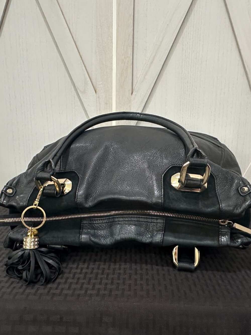 B. Makowsky Y2K Black Pebbled Leather Satchel Shoulder Bag Leopard Lining - Picture 5 of 9